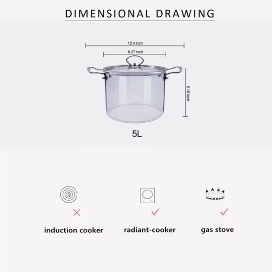 뚜껑이 있는 유리 냄비, 5L 가열